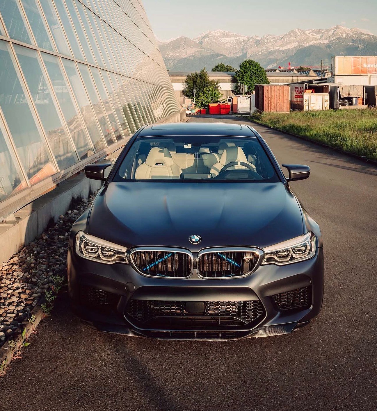 Frontansicht eines aufbereiteten BMW M5 mit Bergpanorama